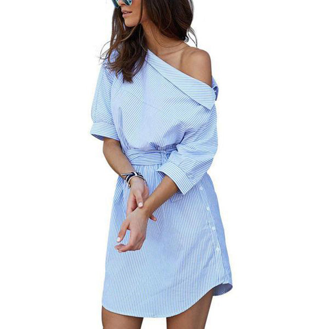 Half Sleeve Elegant Blue Striped Women Shirt Dress